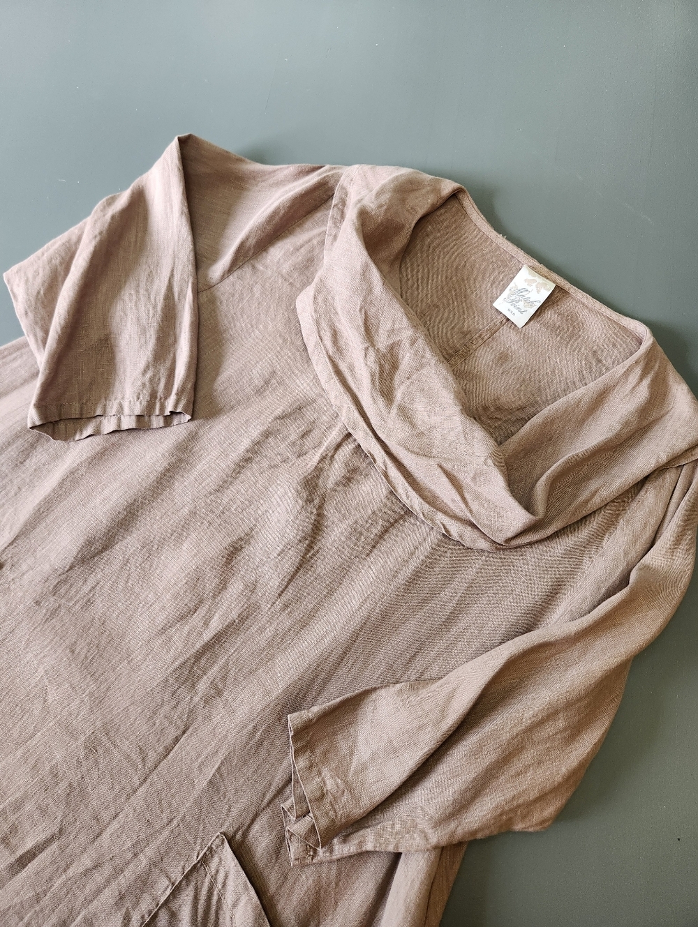 Match Point Linen Cowl Neck Tunic Dress Med Two Pockets Taupe Style# HLT482